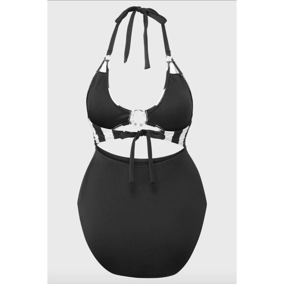Killstar ✦ Pollienar Swimsuit XS ✦ Striped Cutout Halterneck Gothic One-Piece - Picture 6 of 7